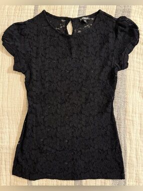 Express Black Floral Lace Puff Sleeve Top